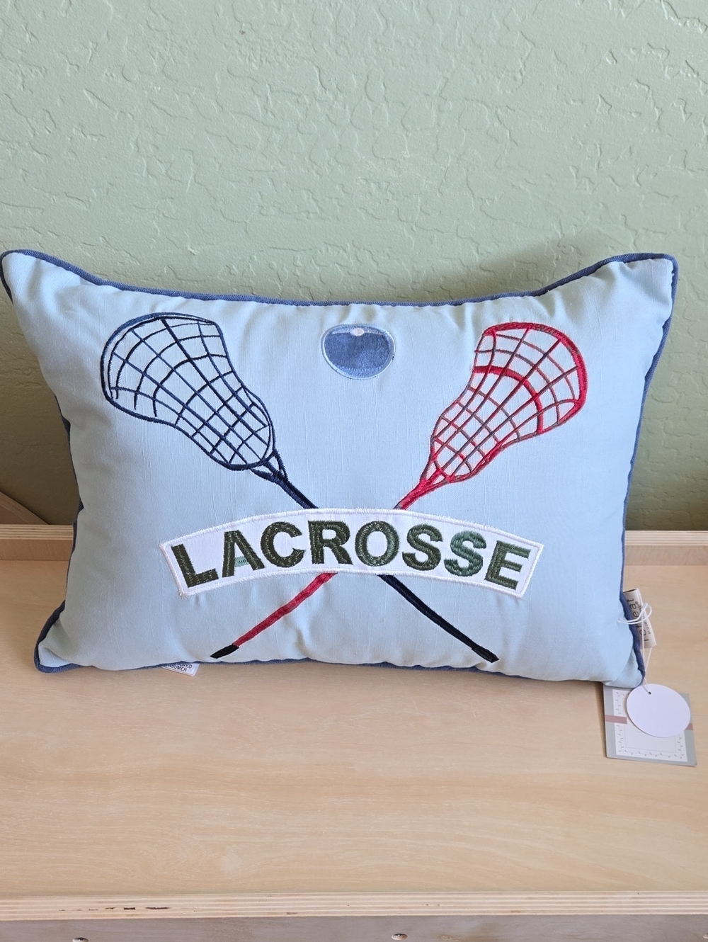 Lacrosse Embroidered Pillow with Blue Trim NEW 14x20in